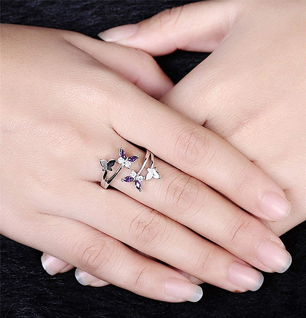 Elegant Silver-Plated Purple Crystal Butterfly Ring image 2