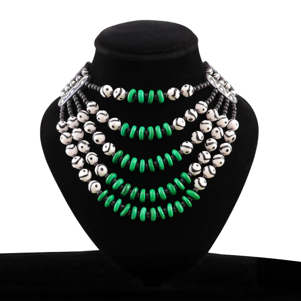 White & Green Beaded Tibetan Boho Handpainted Necklace image 3