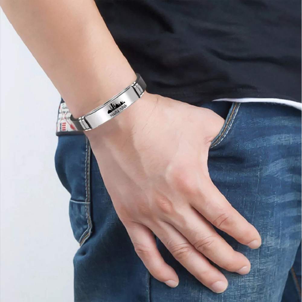 Silver-Plated Engraved Urdu Word Masha Allah PU Leather Bracelet for Men/Women image 2