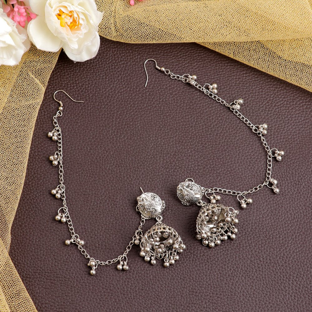 Traditional Silver-Plated Earchain Jhumka Earrings image 0