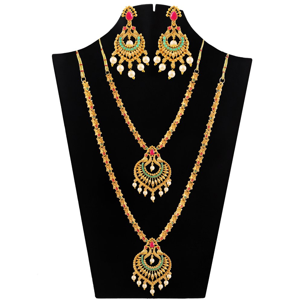 Gold-Plated Traditional Red & Green Stone Dual Semi Bridal Jewellery Set image 3