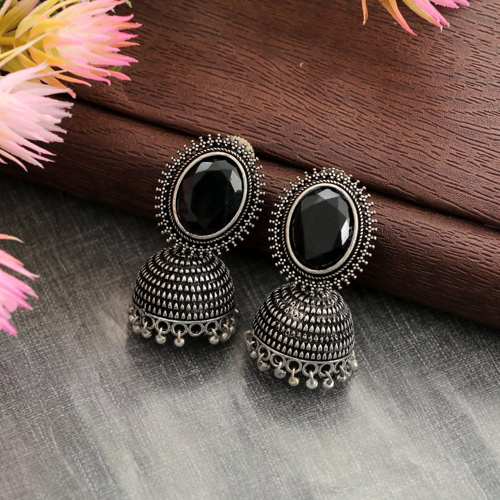 Oxidised Silver Black Stone Dome Jhumka-Jhumki Earrings image 1