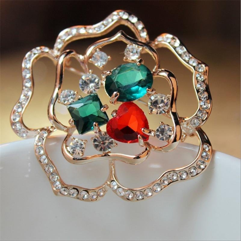 Gold-Plated Red & Green Floral Brooch Cum Saree Pin For Women/Girls image 1