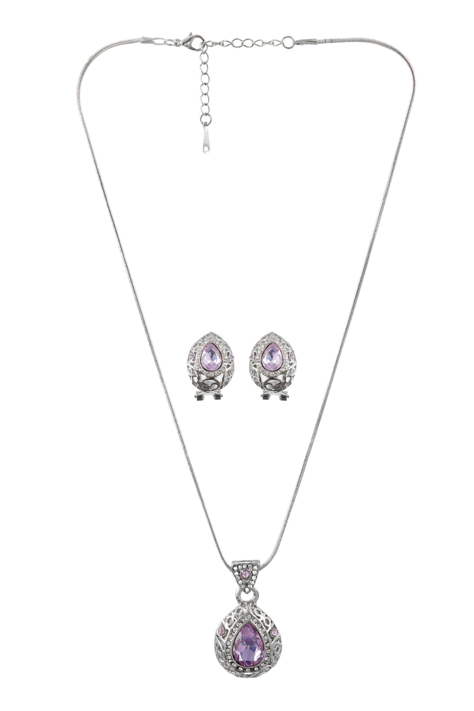 Silver-Plated Crystal Light Pink Teardrop Pendant Necklace and Earrings Set image 2