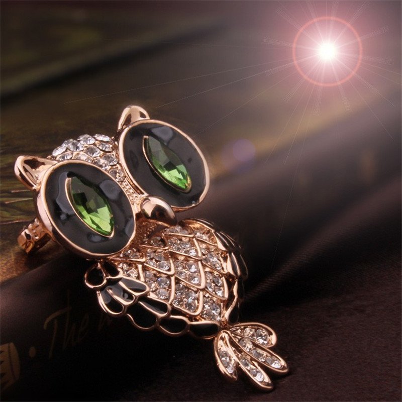 Gold-Tone Green-Eyed Crystal Owl Brooch image 2