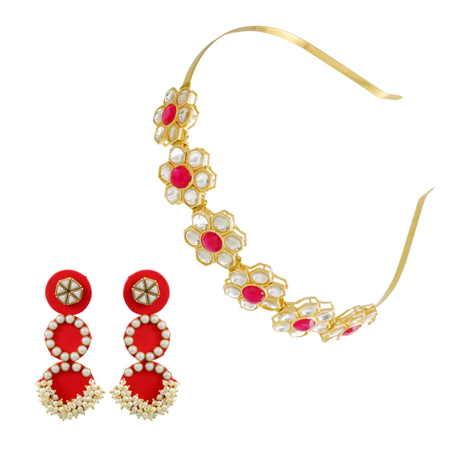 Ethnic Kundan/Pearl Mathapatti Hairband and Earrings Set image 3