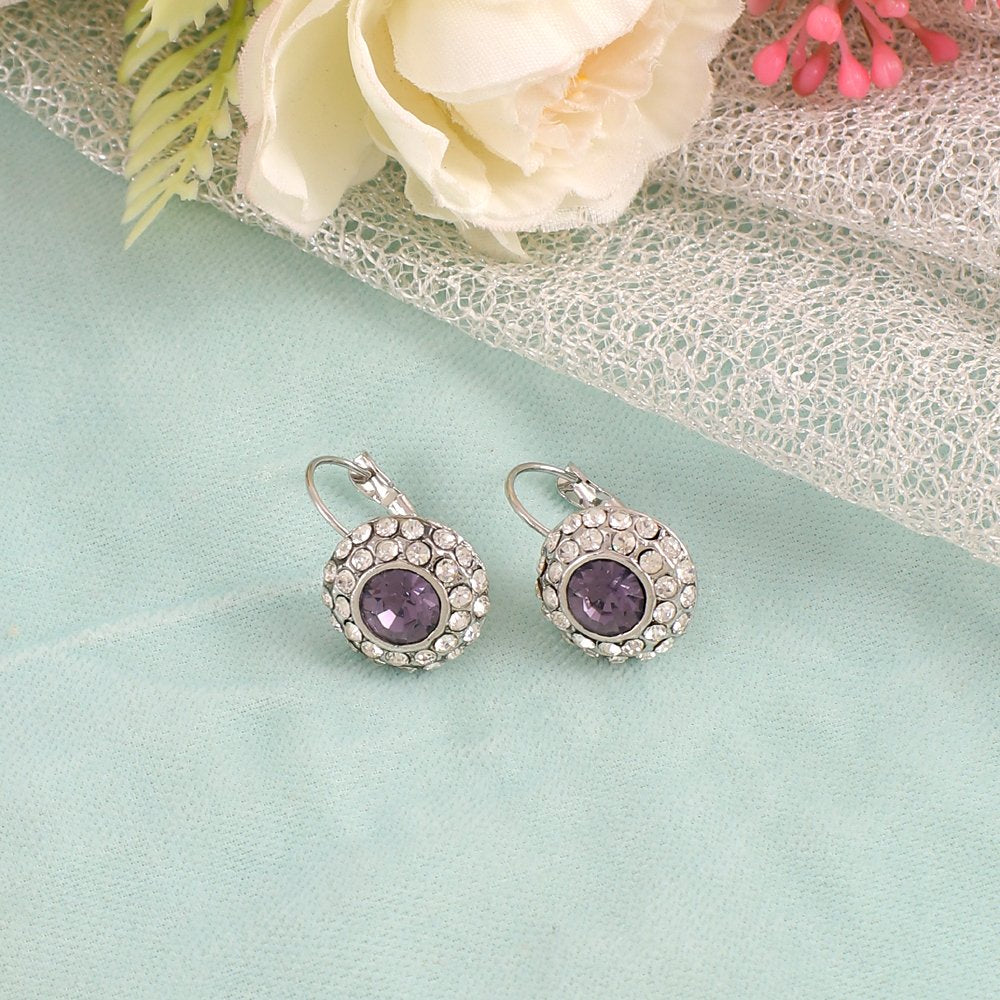 Purple Stone-Studded Silver-Plated Clip-On Lever-Back Drop Earrings image 1