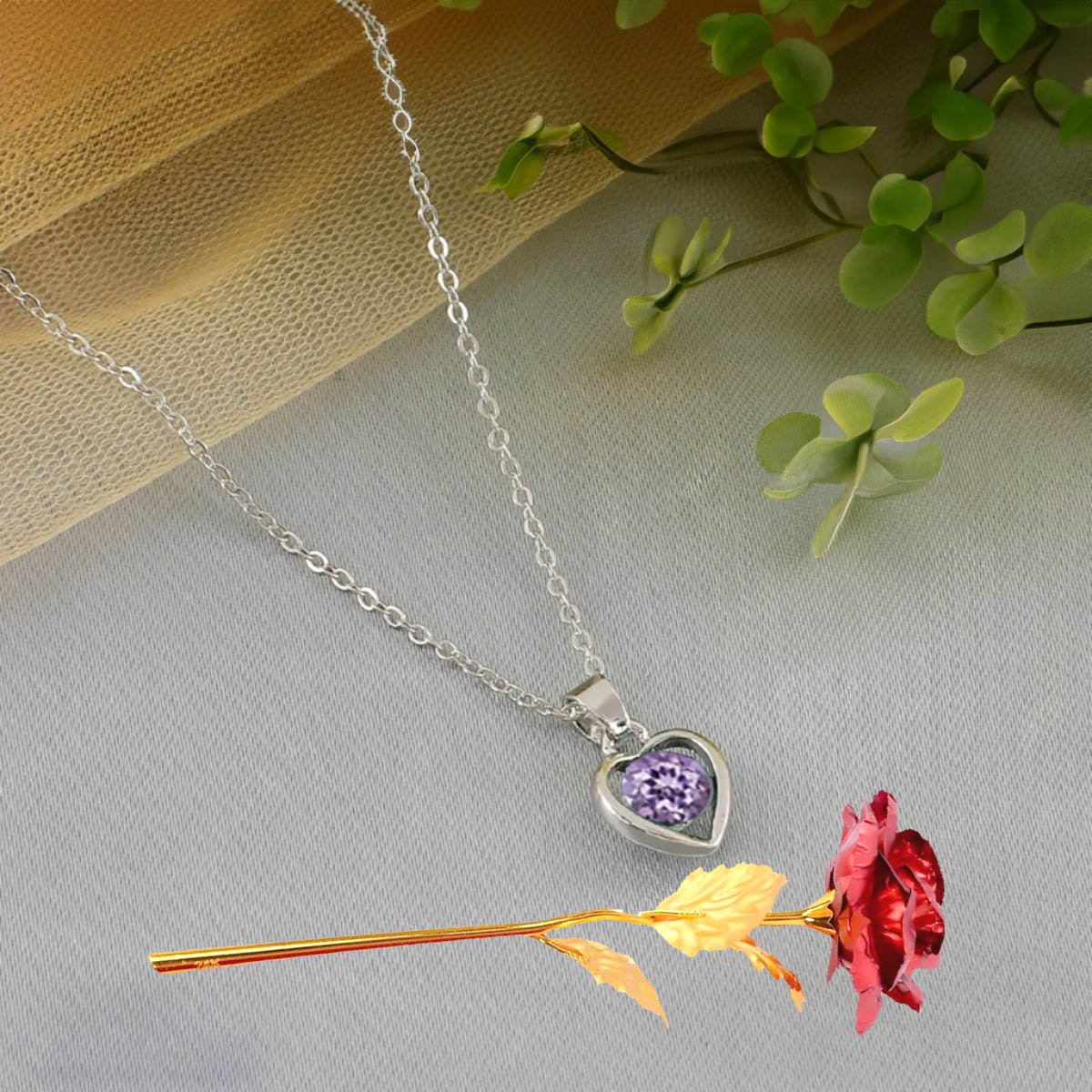 Valentine's Day Heart Pendant Chain & Red Rose Combo Set image 0