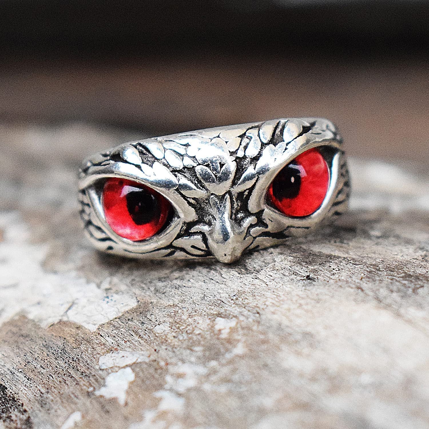Oxidized Silver Crystal Studded Red Owl Eye Finger Ring image 0