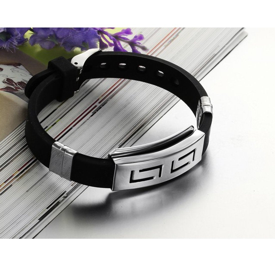Silver-Plated Elegant Double L Black Silicon Bracelet for Men image 0