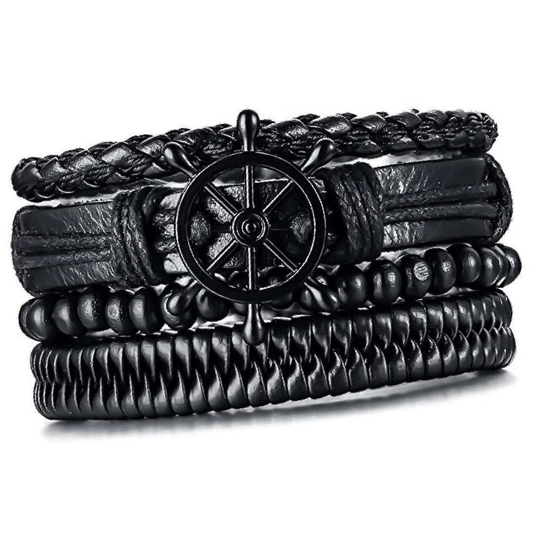Men's Multi-String Black Beaded Wrap Bracelet with Wheel Design image 1