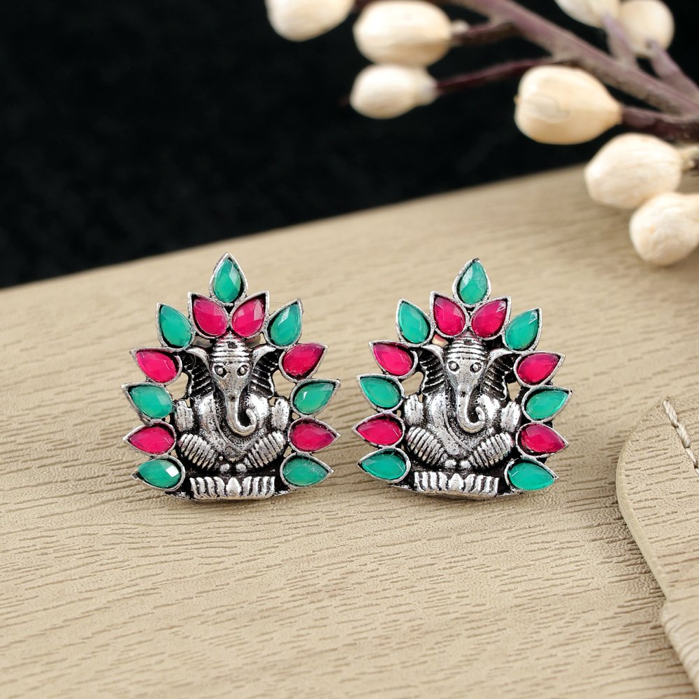 Oxiidsed Silver Red & Green Ganpati Drop Earrings image 0
