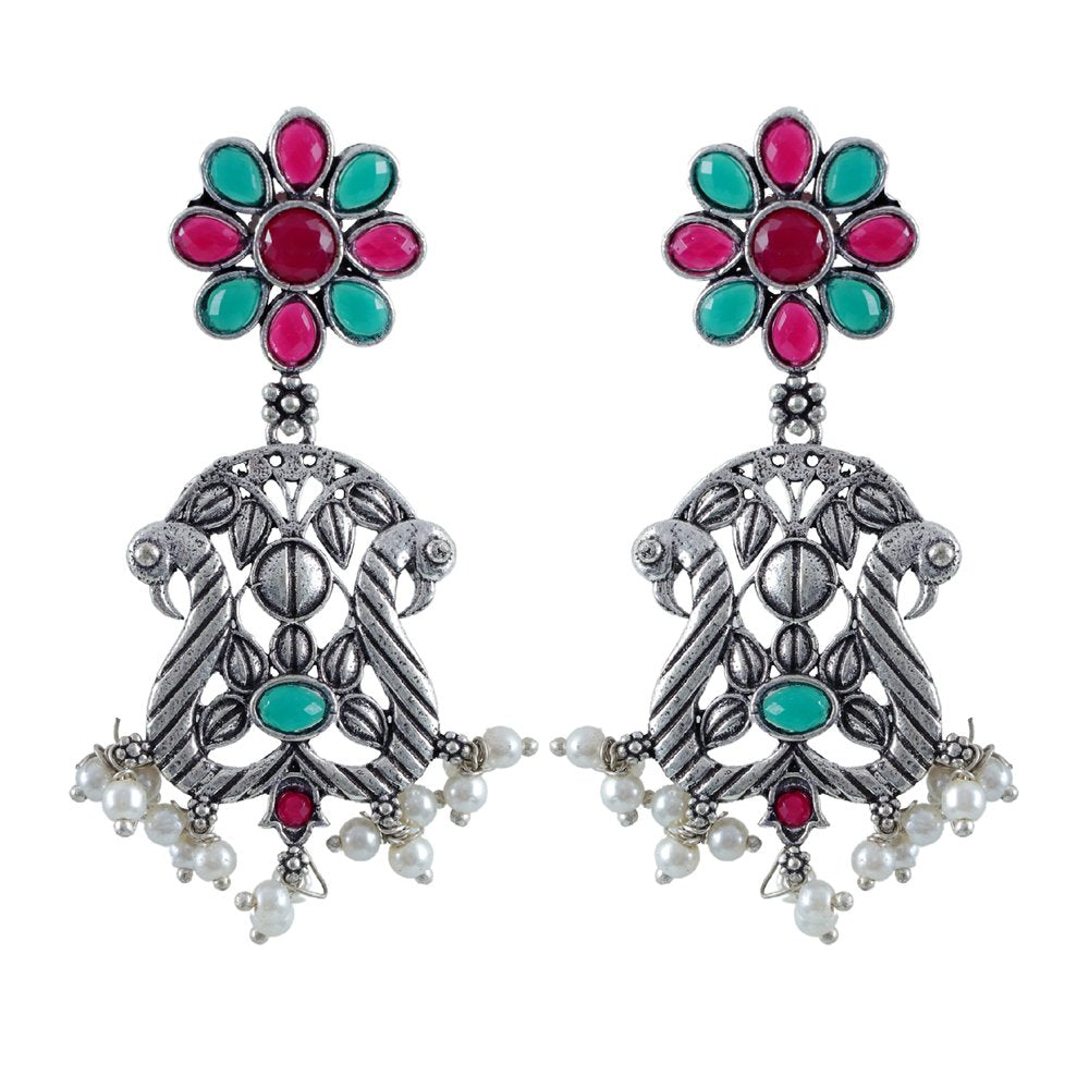 Oxidised Silver Red & Green Stone Peacock Earrings image 3