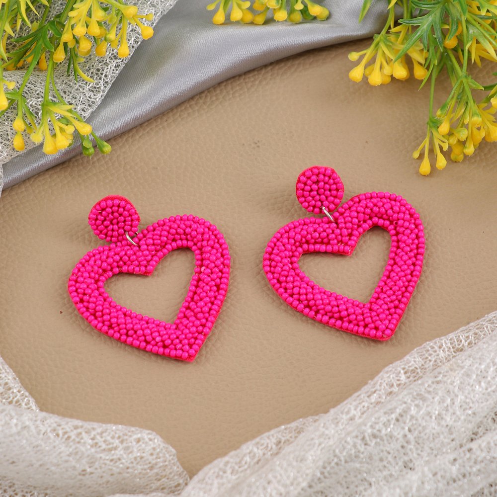 Valentine Beaded Hot Pink Heart Drop & Dangler Earrings image 2
