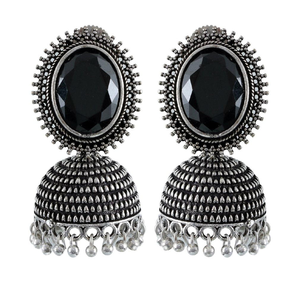 Oxidised Silver Black Stone Dome Jhumka-Jhumki Earrings image 4