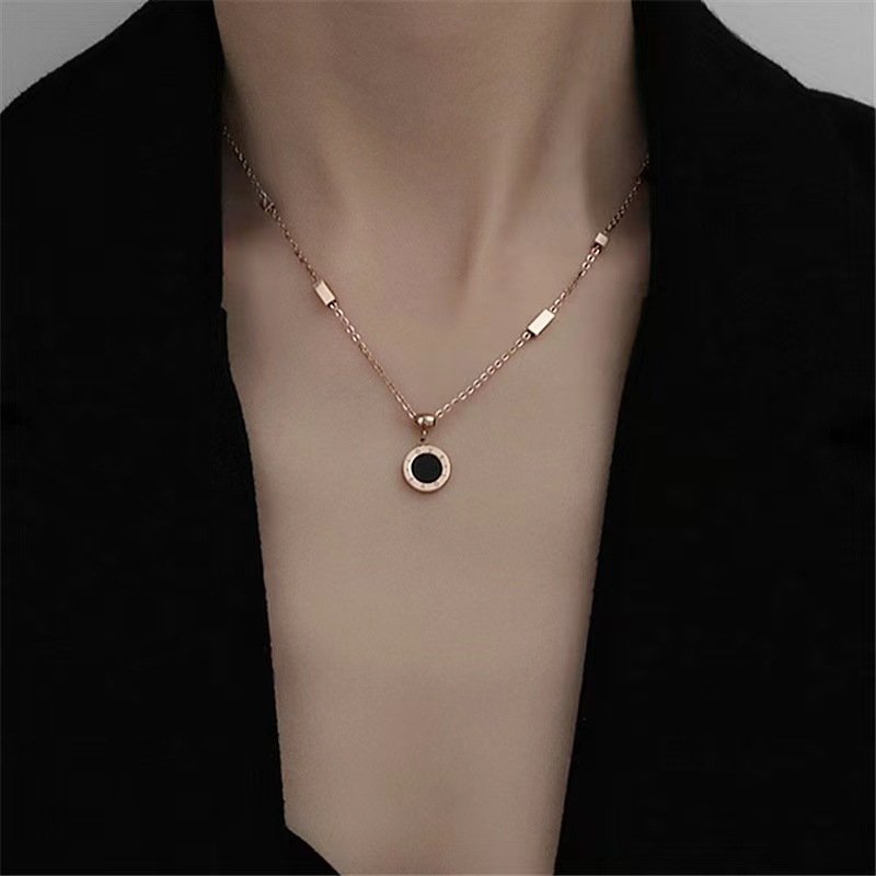 Gold-Plated Roman Clock Black Stone Pendant Necklace for Women/Girls image 1