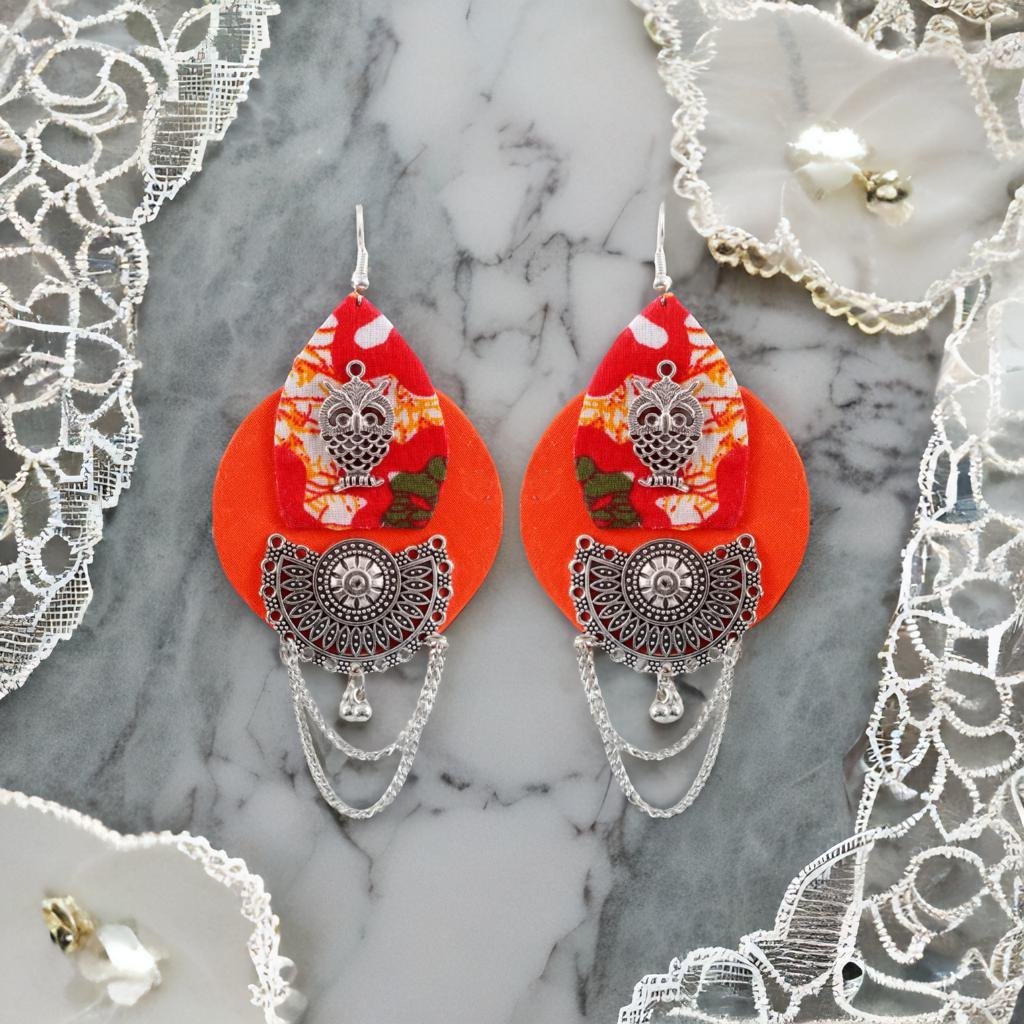 Handcrafted Orange Fabric Owl Pattern Dangler Earrings image 0