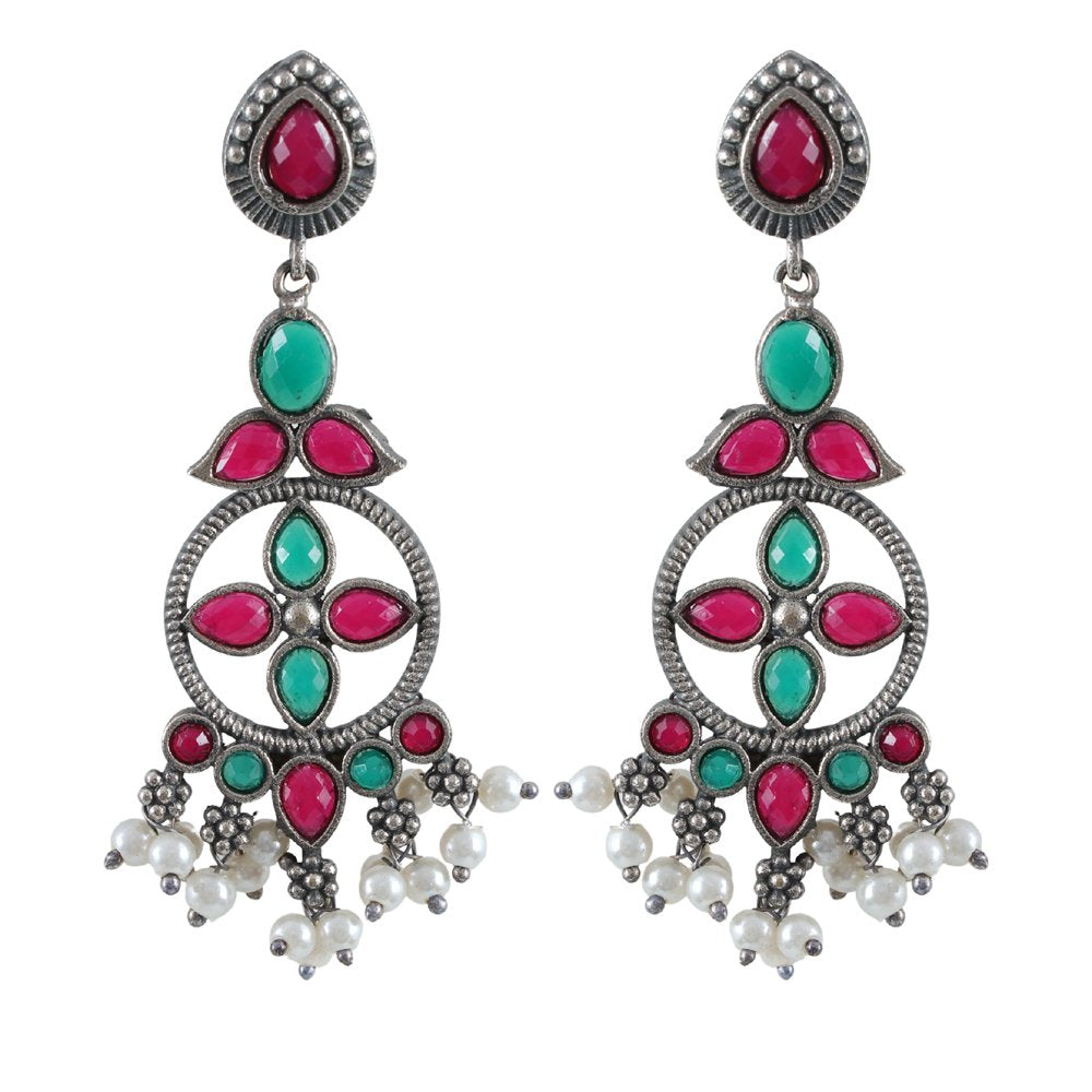 Oxidised Silver Red & Green Stone Drop/Dangler Earrings image 3