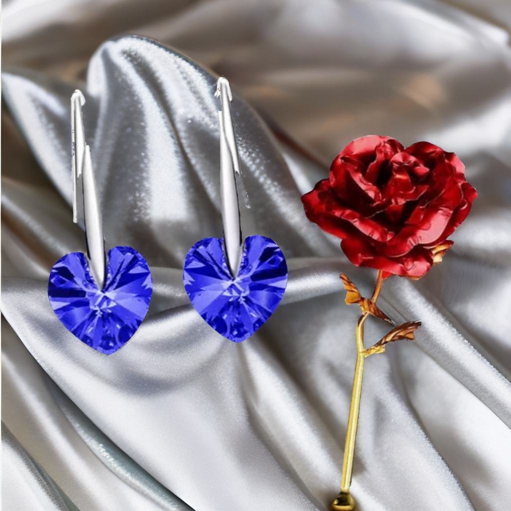 Heart Stud Drop Earrings With Red Rose Gift Combo Set image 2