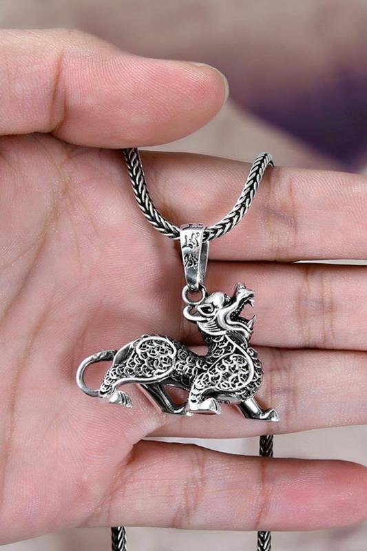 Oxidized Silver Dragon Pendant Chain Necklace image 2