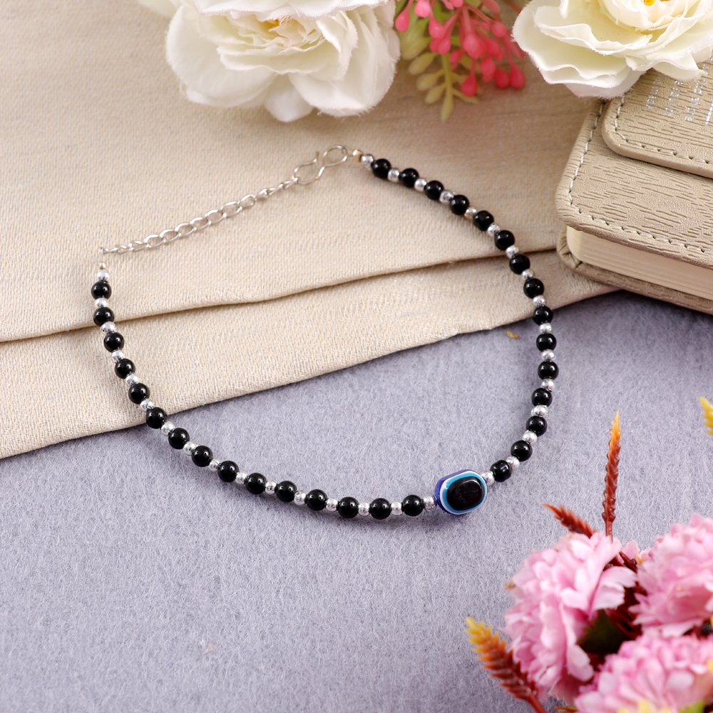Silver-Plated Black Beaded Evil-Eye Anklet For Women & Girls image 2