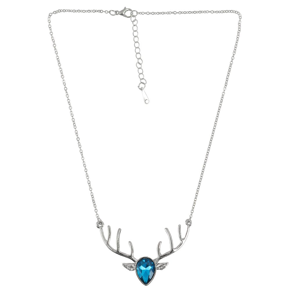 Blue Crystal Studded Silver-Plated Deer Pendant Necklace image 4