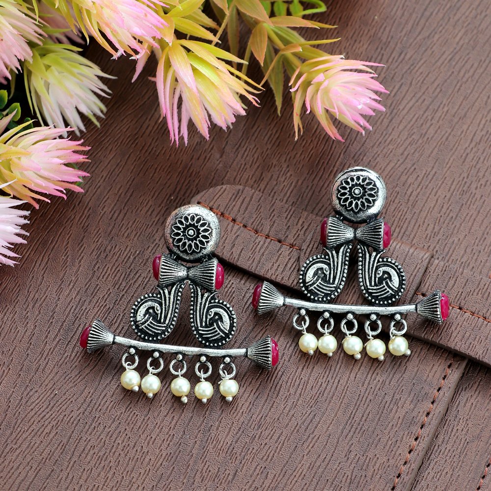 Oxidized Silver Peacock Drum Ball Pink Stone/White Pearl Earrings image 3