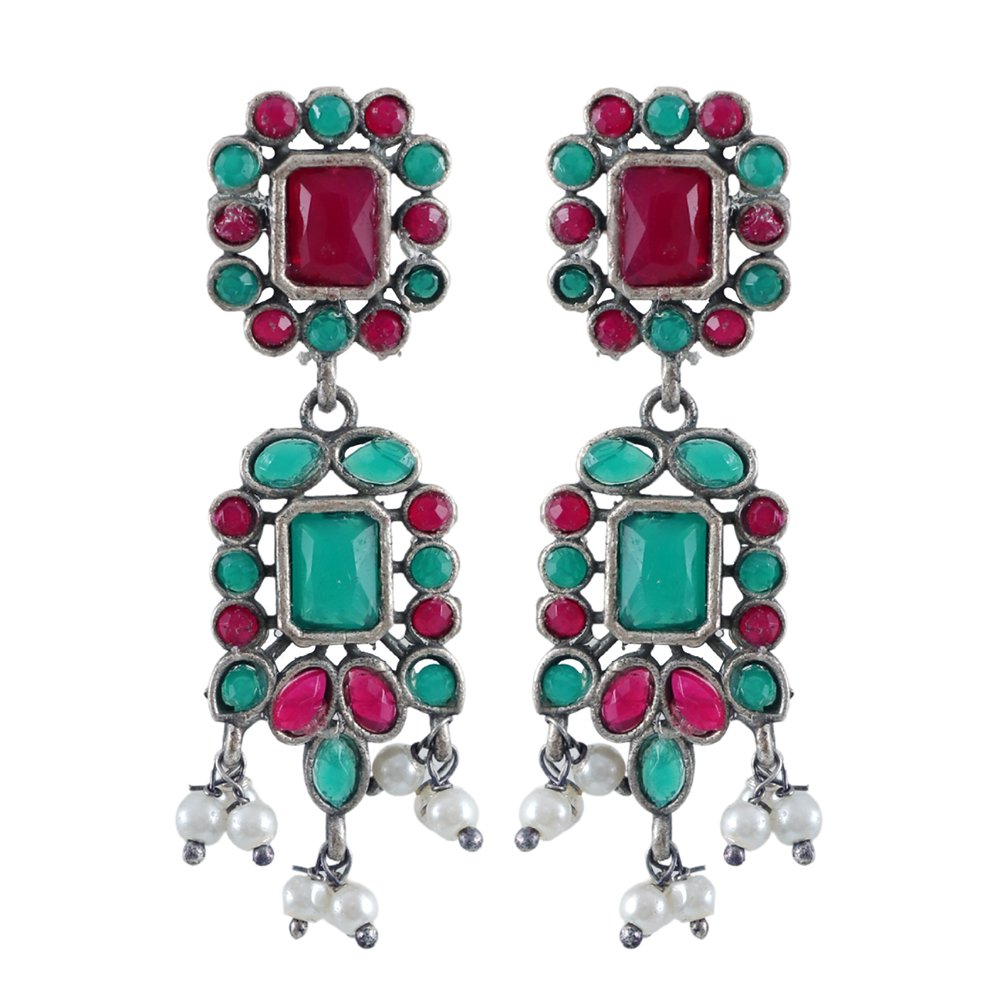 Oxiidsed Silver Red & Green Drop/Dangler Earrings image 3