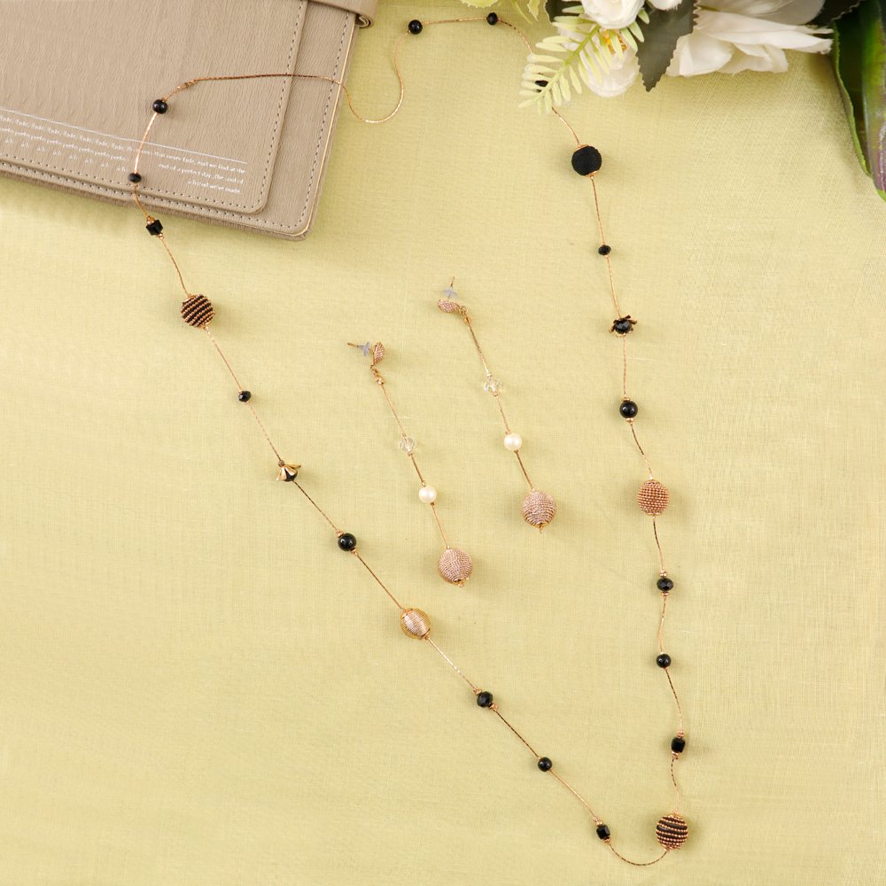 Gold-Toned & Black Beaded Long Necklace & Earrings image 2