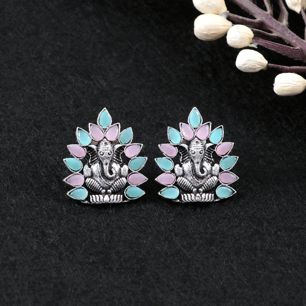Oxidised Silver Pink & Sea-Green Ganpati Drop Earrings image 0