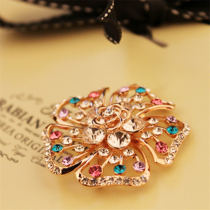 Gold-Plated Multicolor Crystal Studd Floral Brooch image 2
