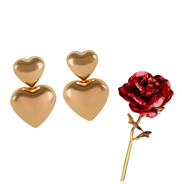 Gold Heart Earrings & Red Rose Gift Combo Set image 3