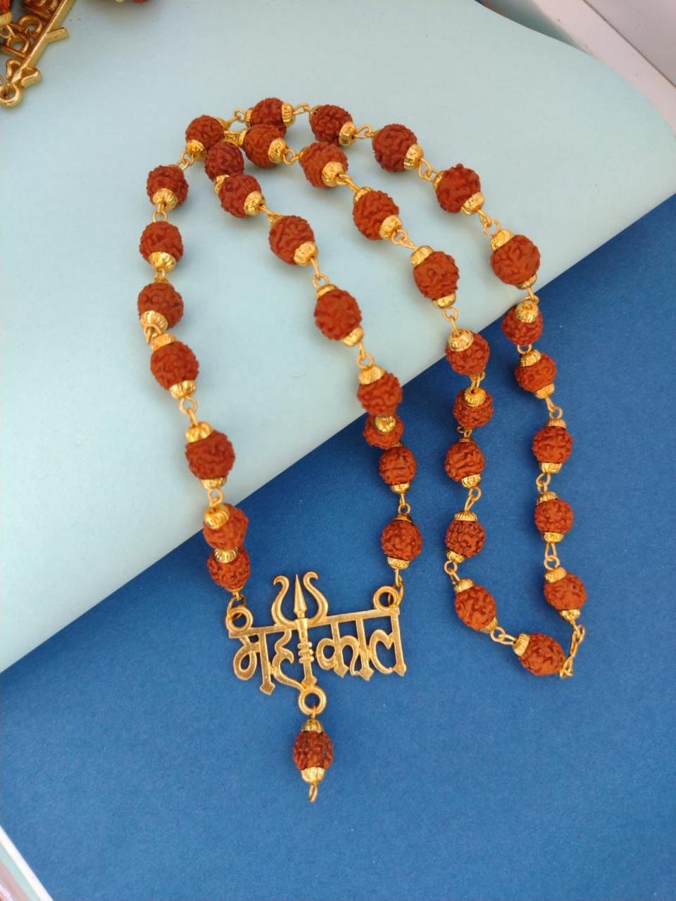 Men's Gold-Plated Rudraksh Mahakal Pendant Necklace & Rudraksh Bracelet Black Ring Combo Set image 2