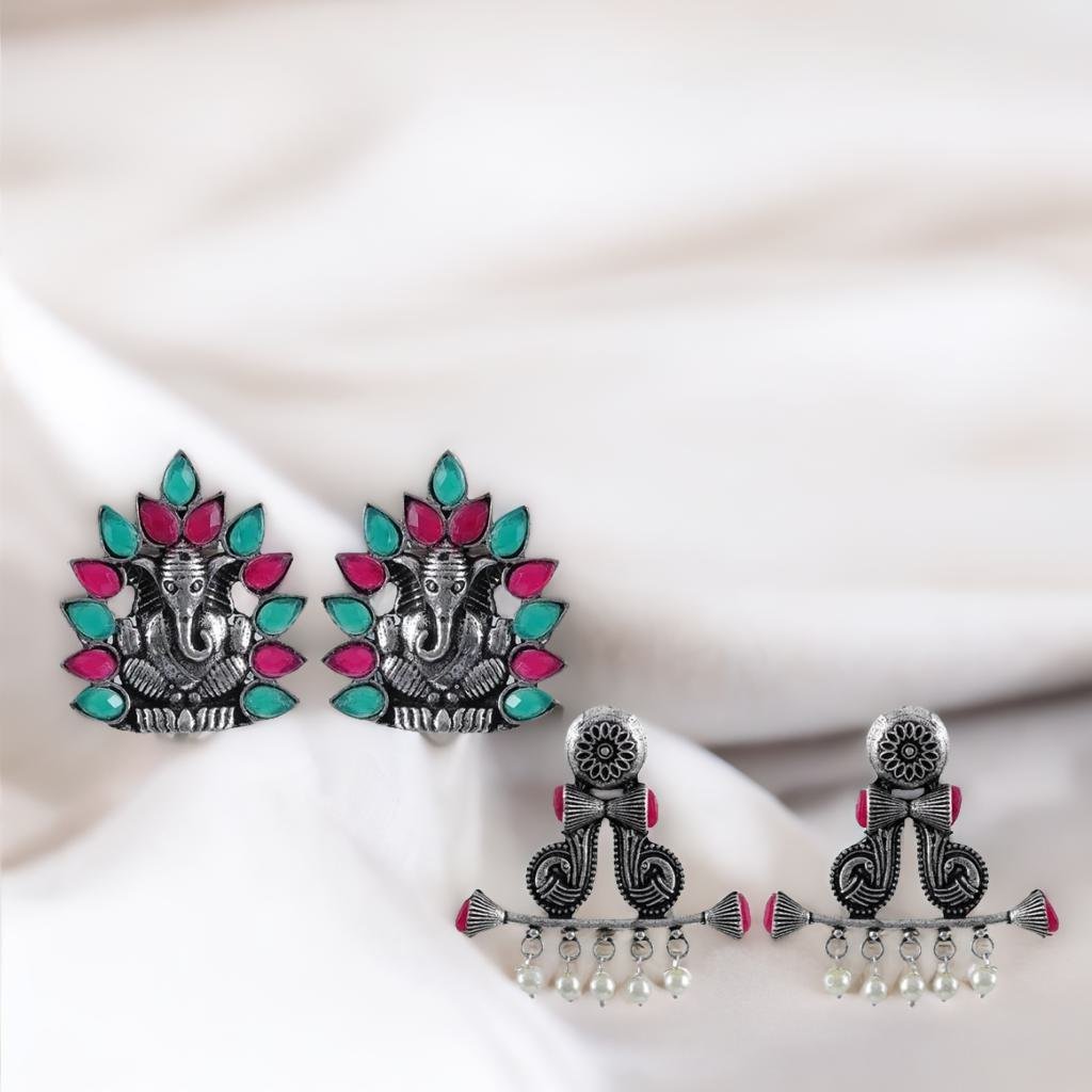 Oxidised Silver Stud Earrings Combo Set image 0