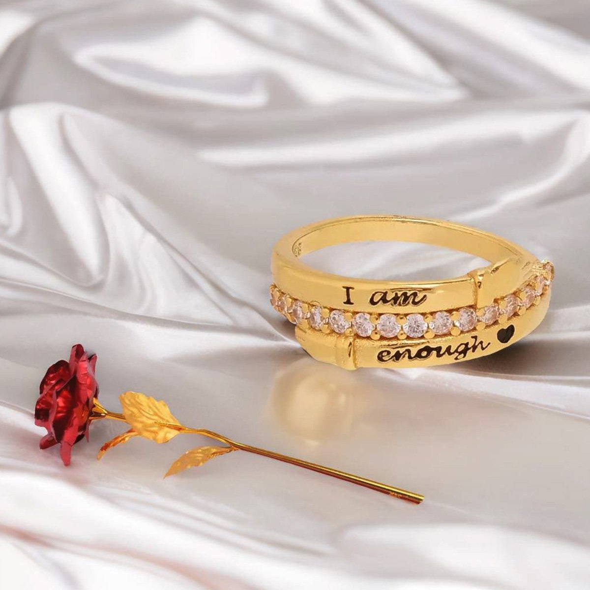 Valentine's Day Gift Set Engraved I am enough Hug Ring & Red Rose Combo image 0