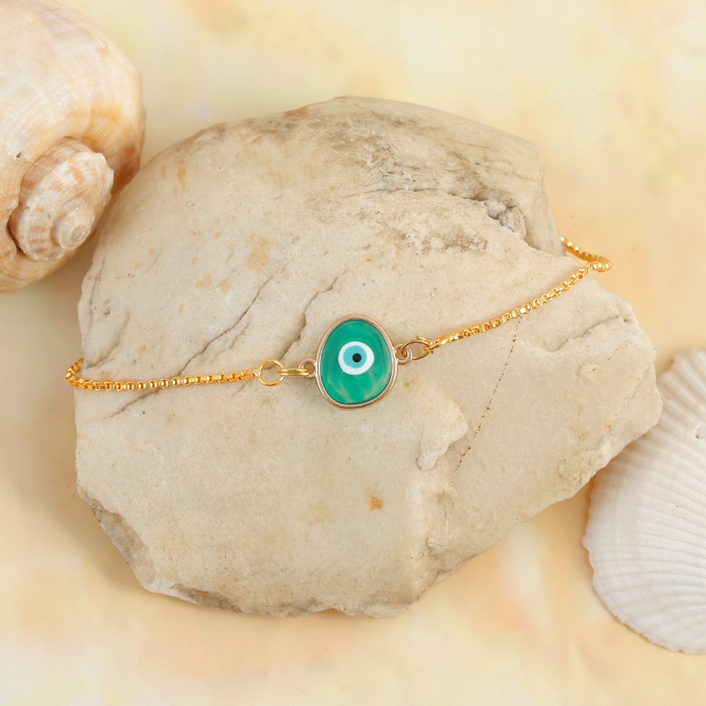 Gold-Toned Green Evil Eye Mini Charm Bracelet/Rakhi image 0