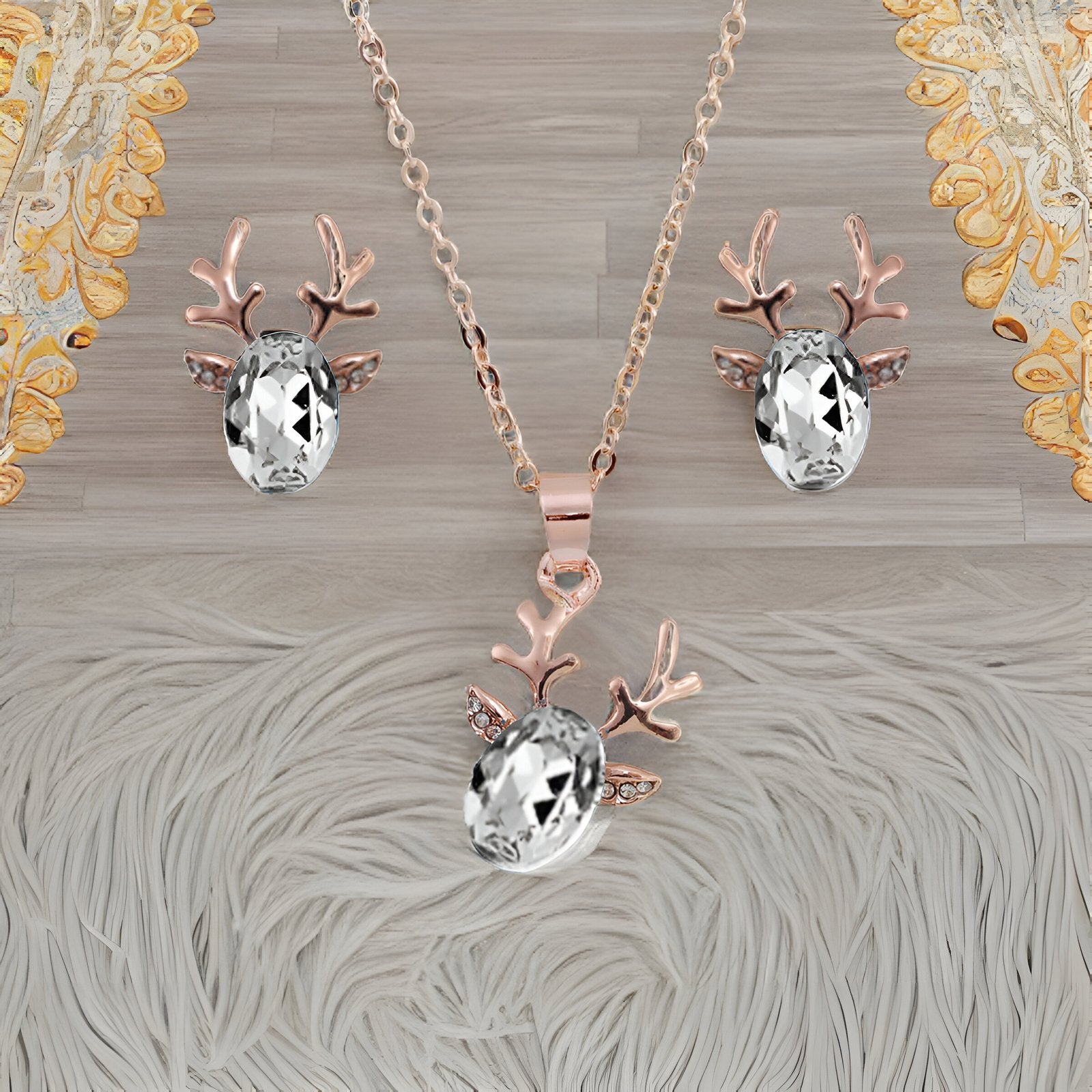 Gold-Plated White Crystal Deer Design Necklace & Earring Set image 3