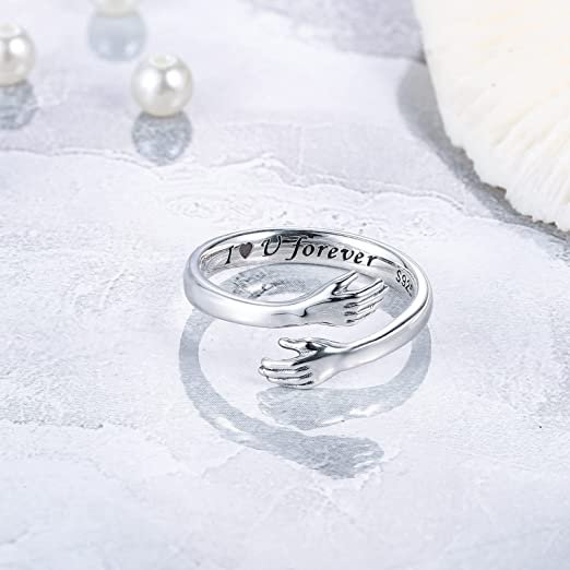 Engraved Silver-Plated Hug Hand Ring I love you Forever image 0