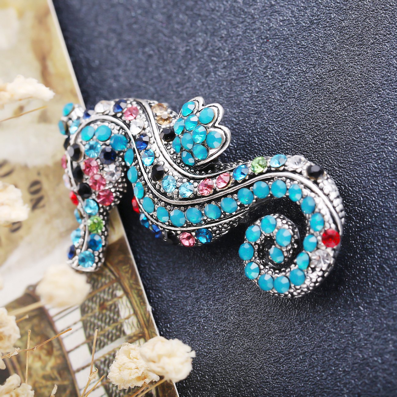 Silver-Plated Blue Crystal Sea Horse Brooch image 2