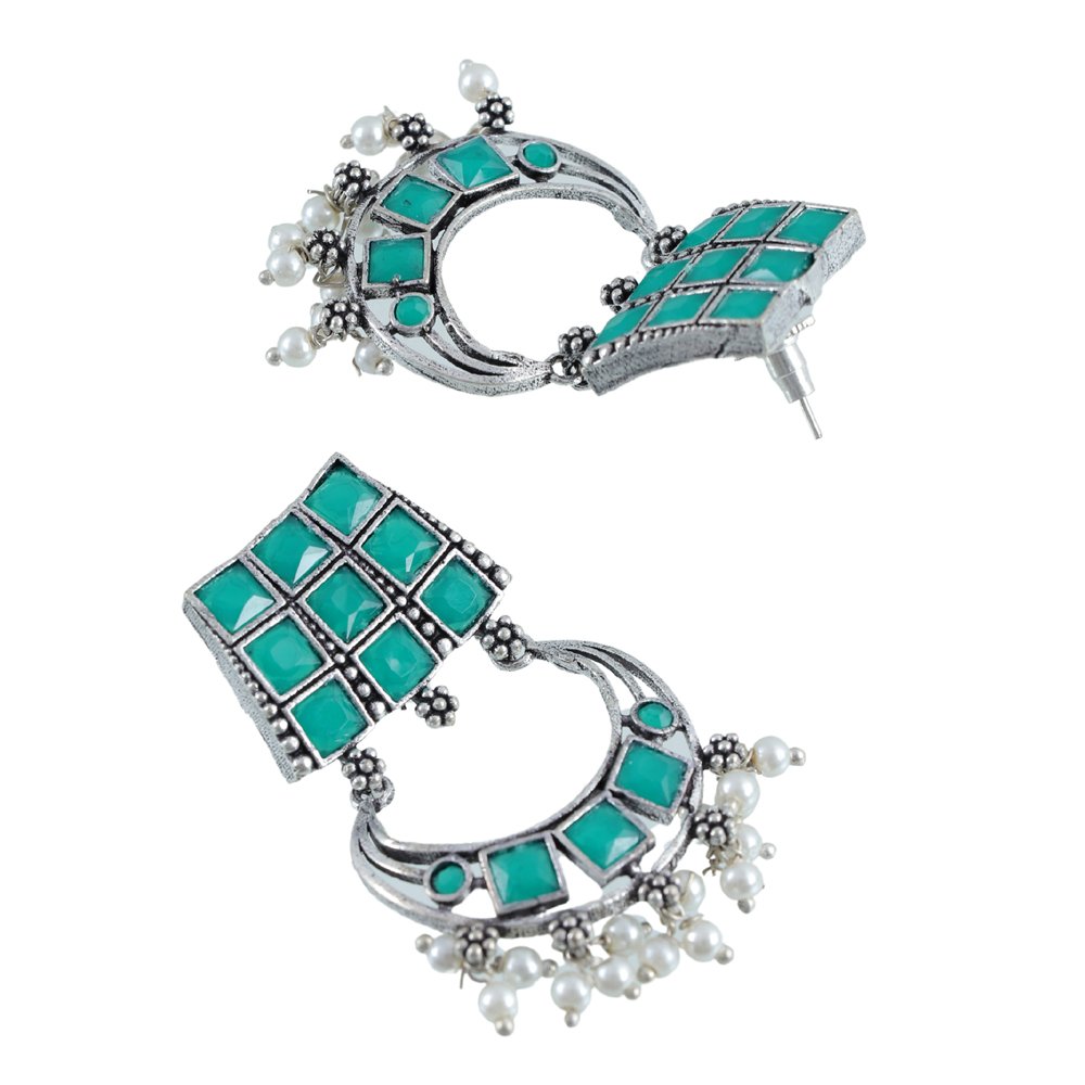 Oxidised Silver Green Stone Stud Earring For Women/Girl's image 3