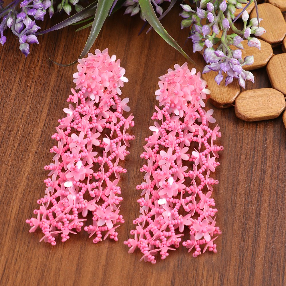 Pink Beaded Floral Classic Tassel Earrings image 0