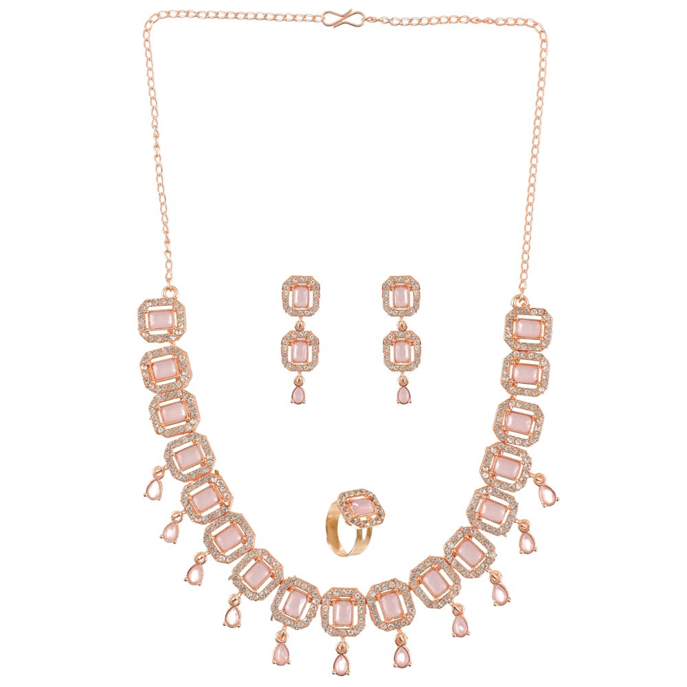 Rose Gold American Diamond A/D Pastel Pink Crystal Studded Sleek Choker Jewellery Set With Ring image 4