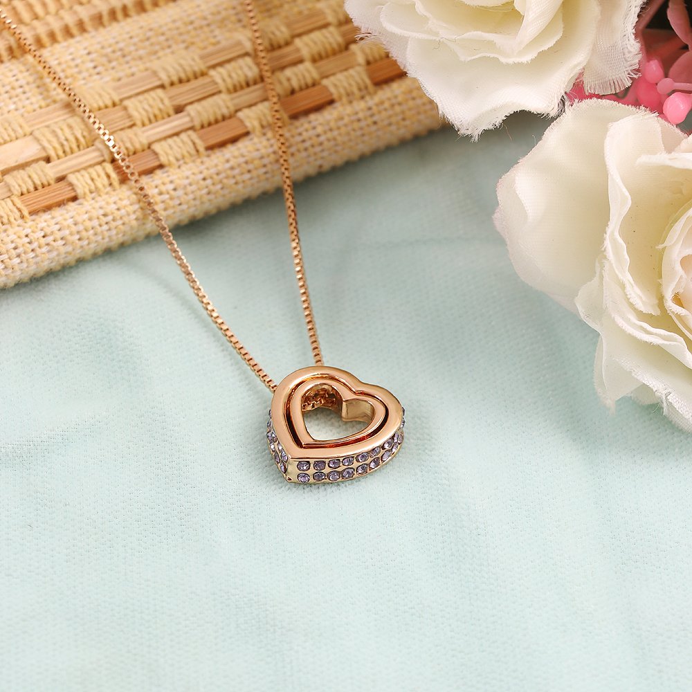 Double Gold-Plated Pink Crystal Heart Pendant Necklace image 2