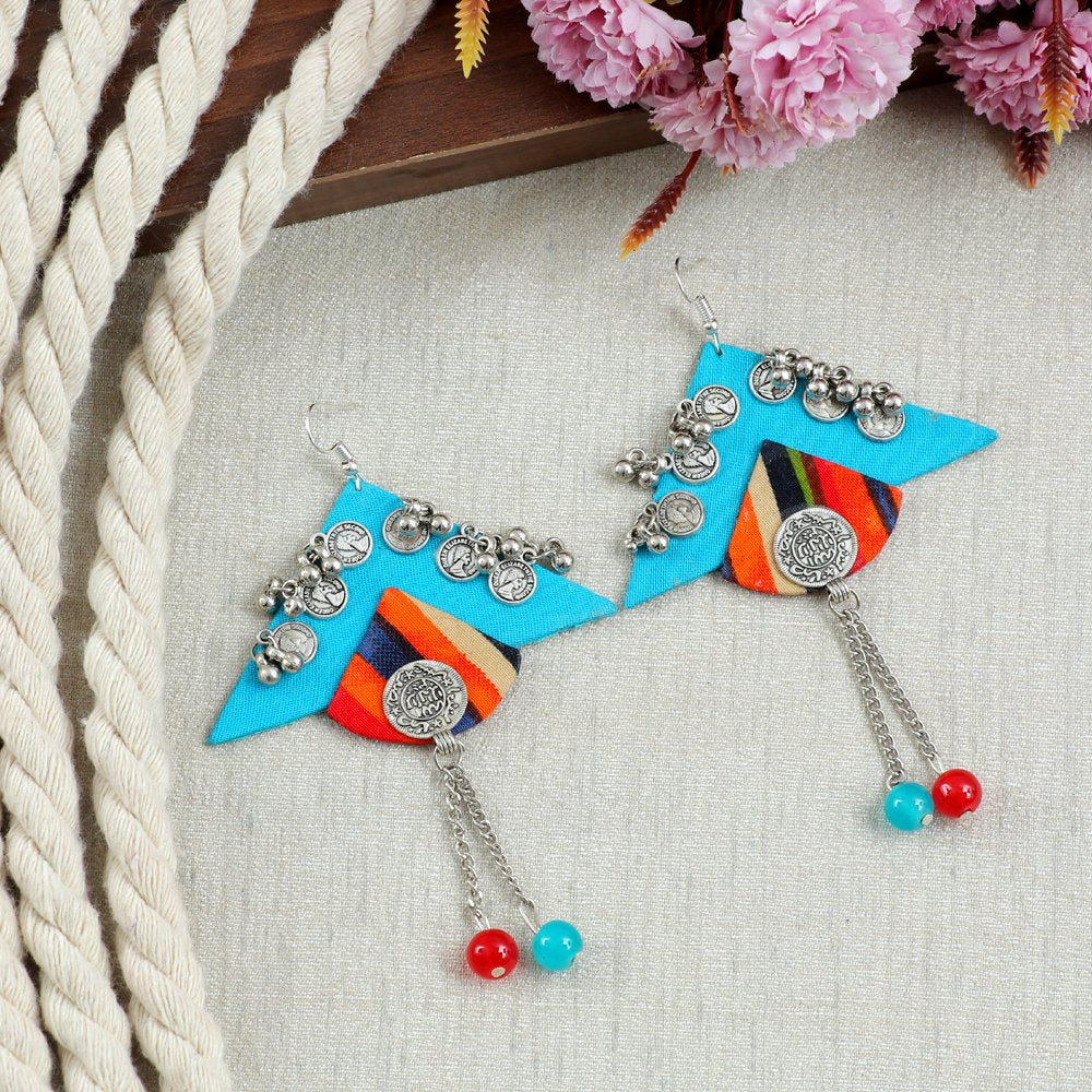 Coin Embellished Turquoise Blue Triangle Beaded Tassel Dangler Earrings image 2