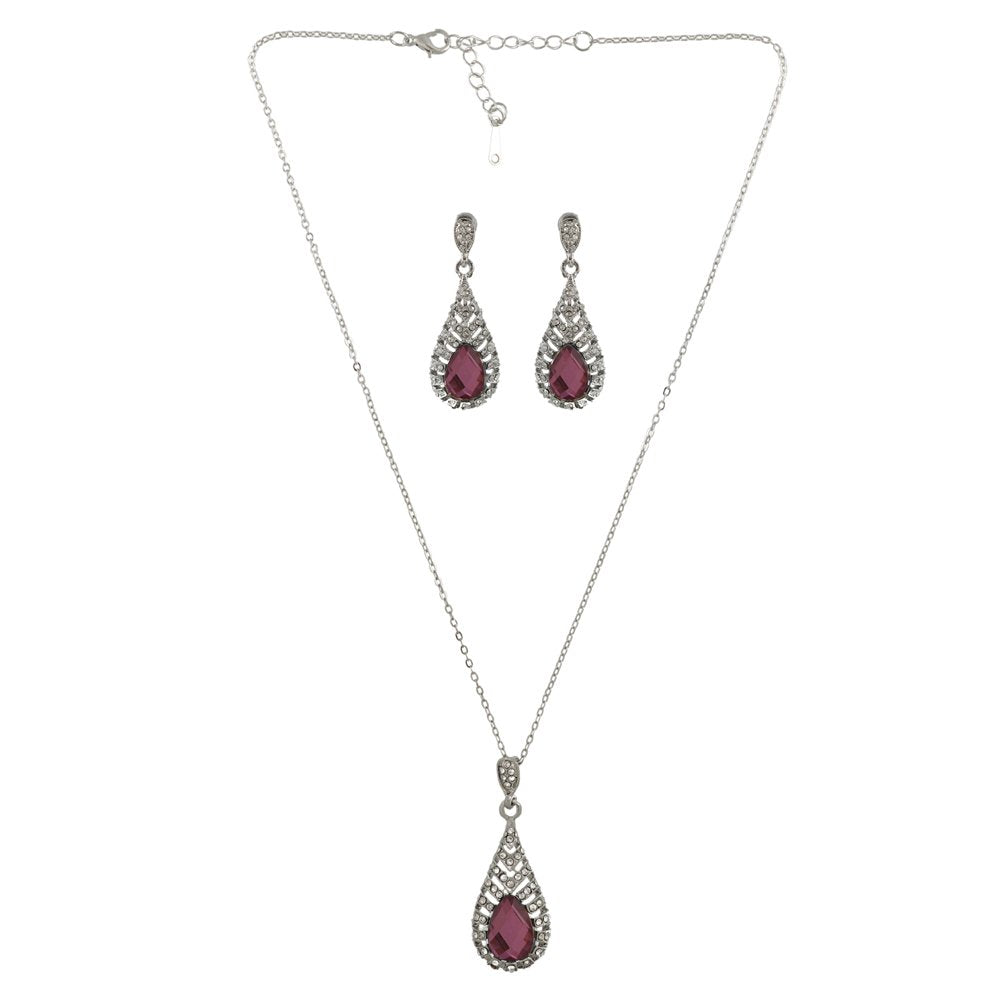 Silver-Plated Purple Crystal Retro Drop Necklace & Earring (Jewellery Set) image 3
