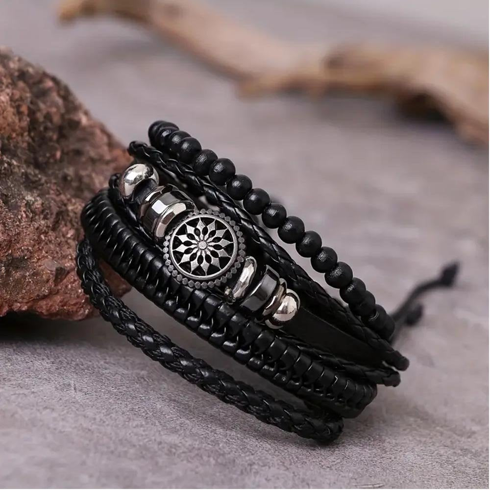 Men's Oxidised Silver Wheel Leather Black Beads Bracelet image 1