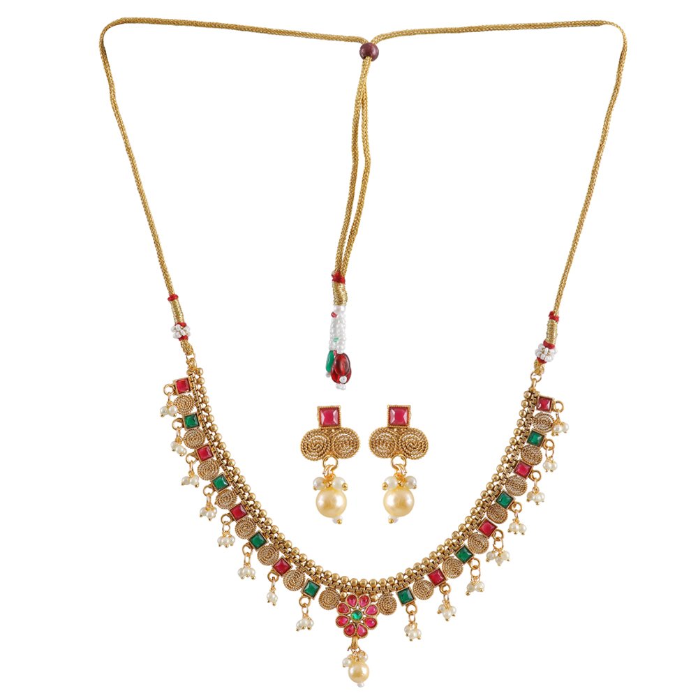 Gold Plated Red & Green Stone Pearl Beaded Jewellery Set image 1