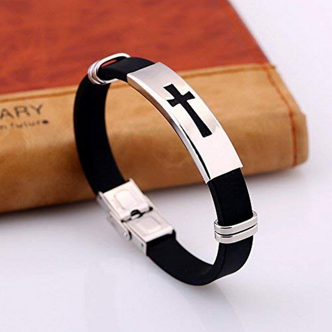 Black PU Leather Christian Cross Bracelet for Men image 0