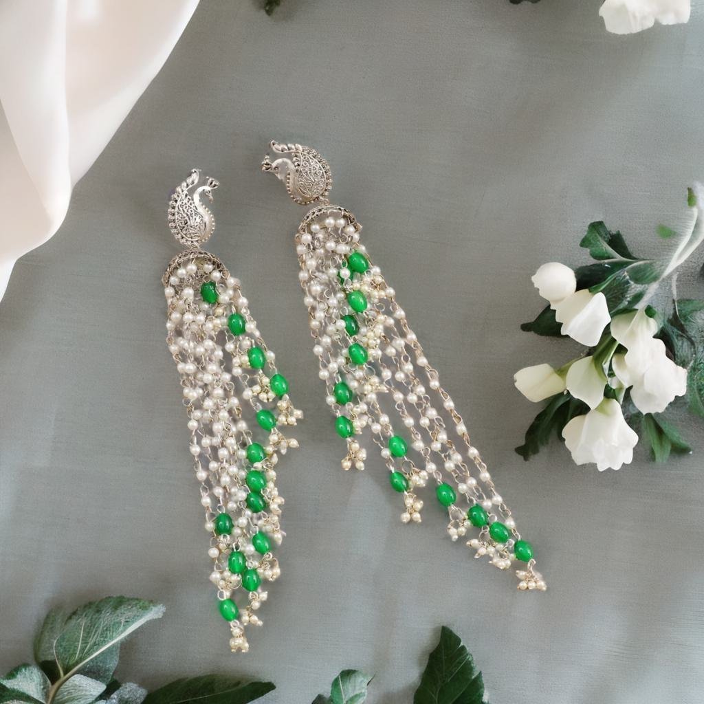 Peacock Shape Pearl Layered Jhumki Earrings image 0