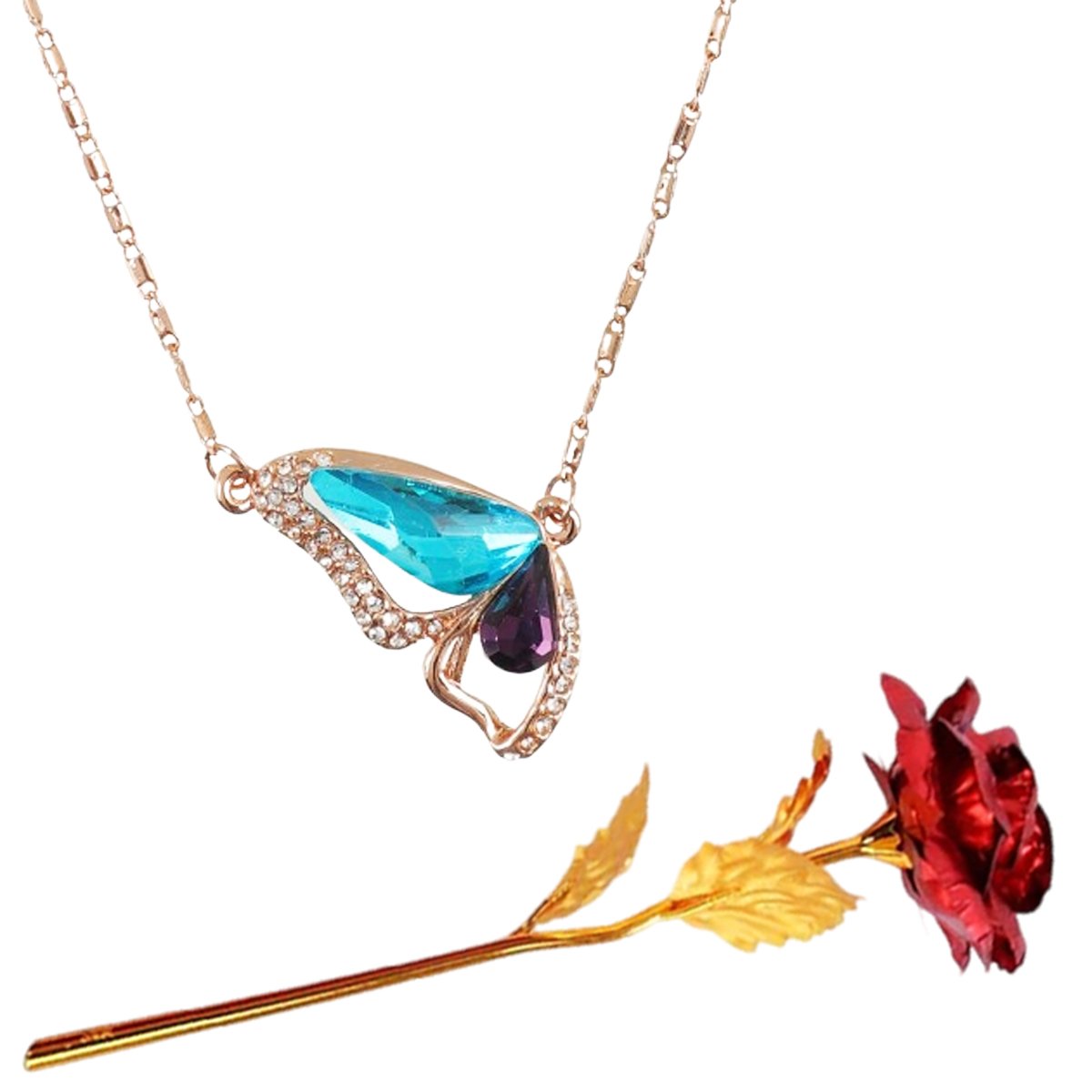 Valentine's Day Butterfly Pendant Chain & Red Rose Combo Set image 1